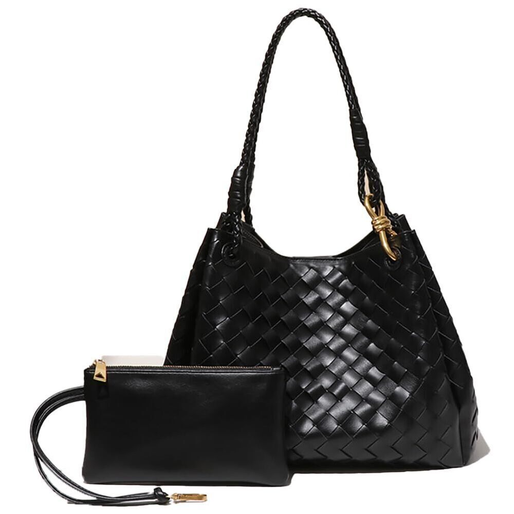4380 2 Pcs Slouchy PU Leather Woven Bucket Hobo Bags Underarm Shoulder